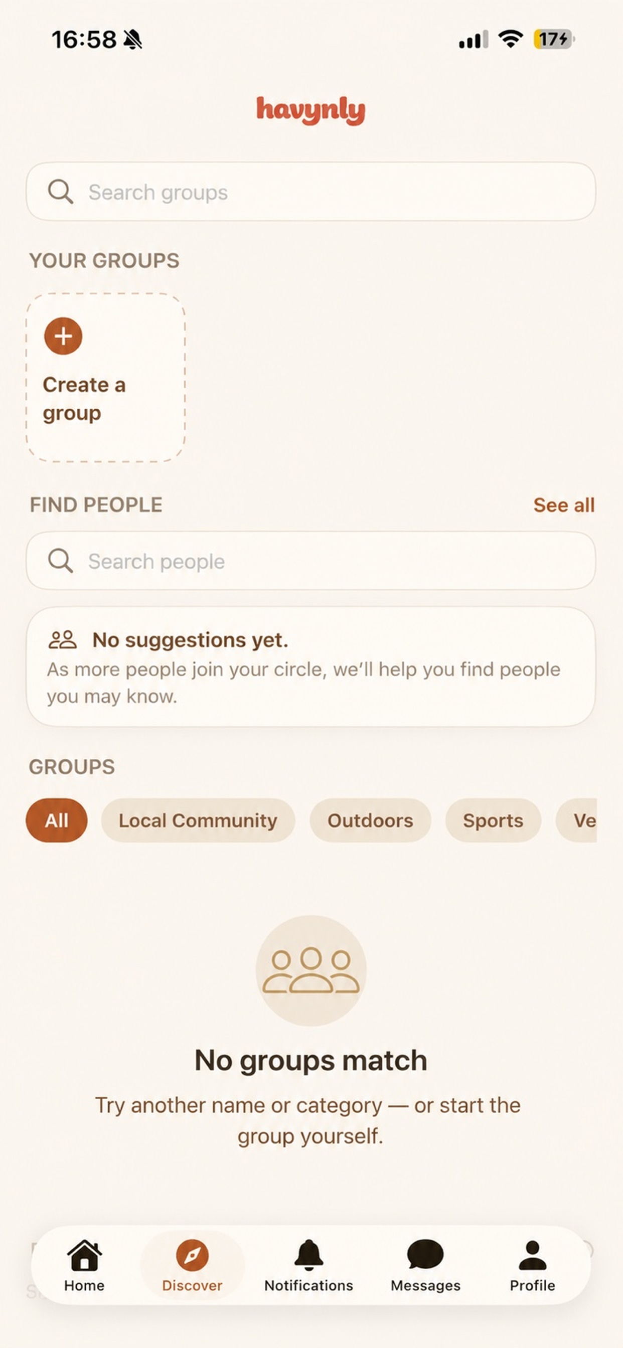 Havynly app — Discover tab with group search and categories