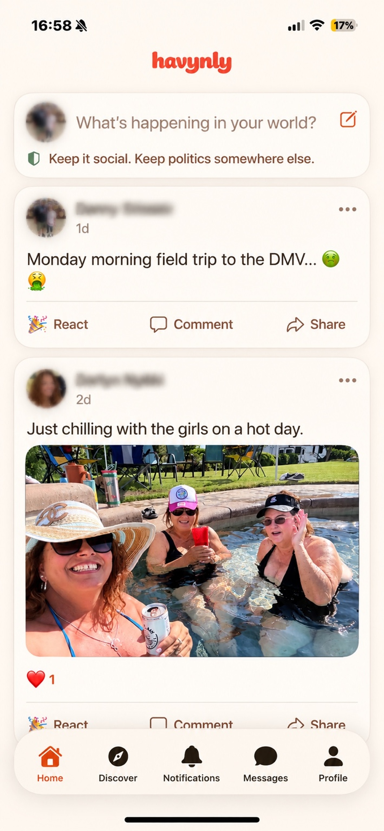 Havynly app — Home feed with posts, reactions, and comments