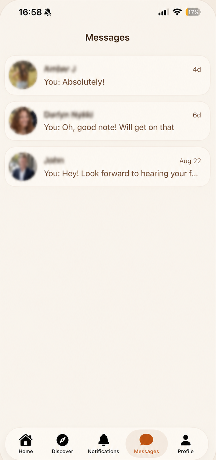 Havynly app — Messages inbox with recent conversations
