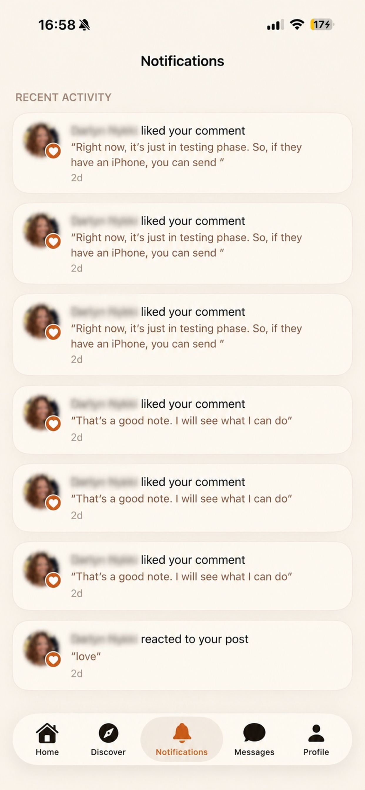 Havynly app — Notifications list of recent activity