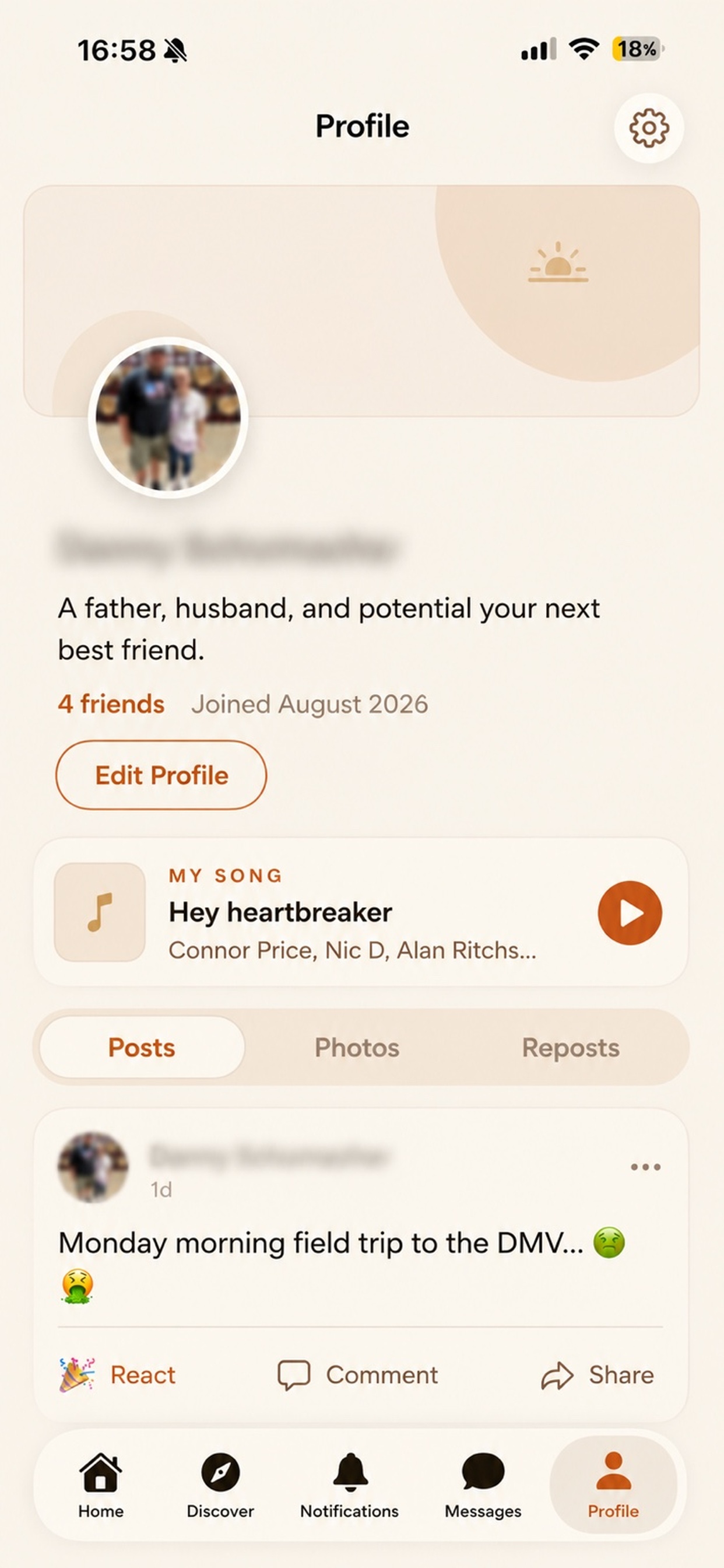 Havynly app — Profile screen with bio, friends, and posts